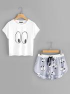 Shein Cartoon Eye Print Tee And Shorts Pajama Set