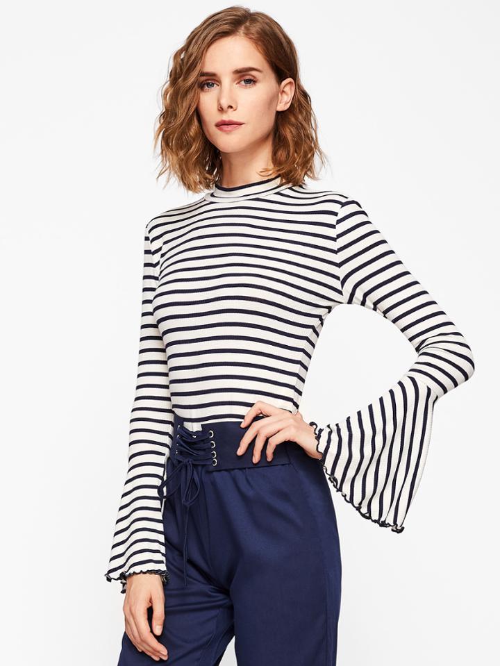 Shein Trumpet Sleeve Lettuce Hem Ribbed Stripe Tee