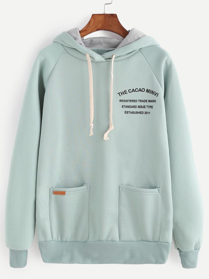 Shein Pale Green Letter Print Raglan Sleeve Drawstring Hooded Sweatshirt