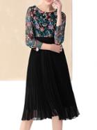 Shein Black Gauze Embroidered Pleated Dress