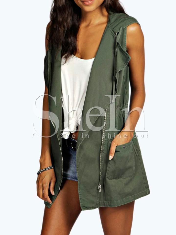 Shein Army Green Hooded Sleeveless Pockets Vest