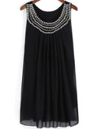 Shein Black Vest Sleeveless Bead Panelled Rhinestone Chiffon Tank Dress