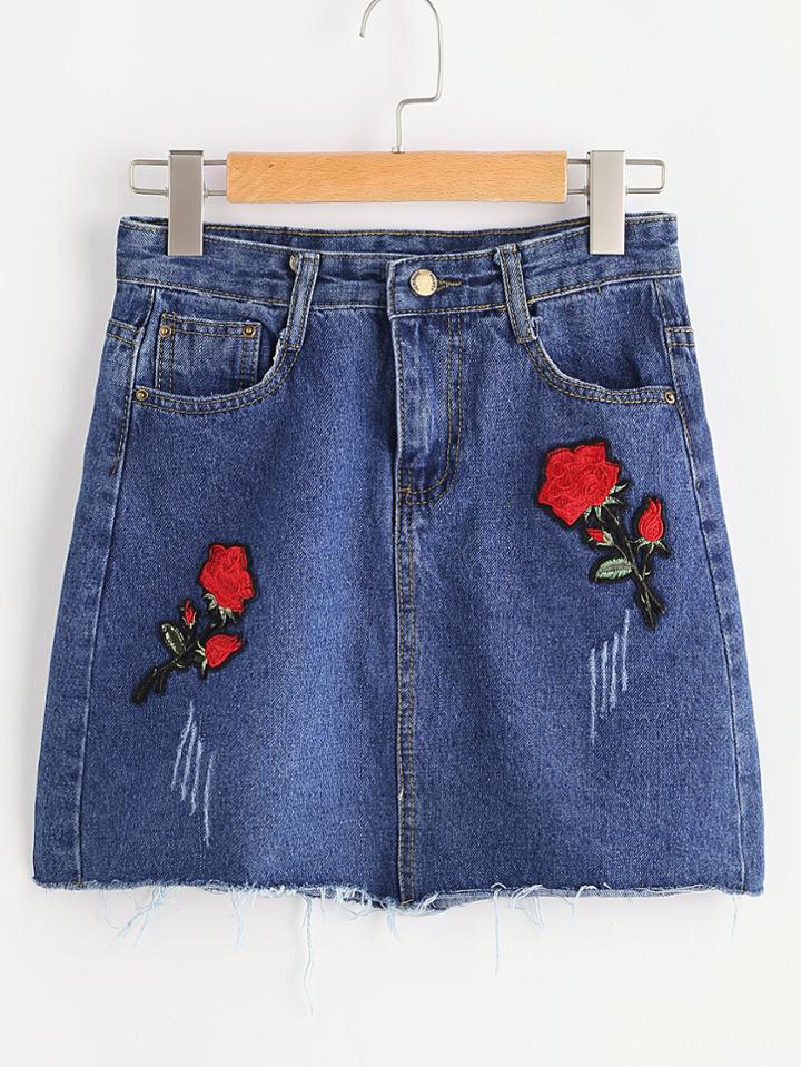 Shein Flower Patches Frayed Hem Denim Skirt