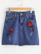 Shein Flower Patches Frayed Hem Denim Skirt