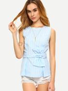 Shein Blue Striped Sleeveless Tie Waist Blouse