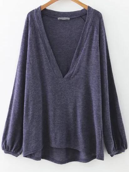 Shein Navy Deep V Neck High Low Blouse