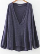 Shein Navy Deep V Neck High Low Blouse