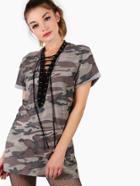 Shein Camo Print Lace Up Plunging Mini Tee Dress