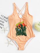 Shein Cactus Print Cross Back Swimsuit