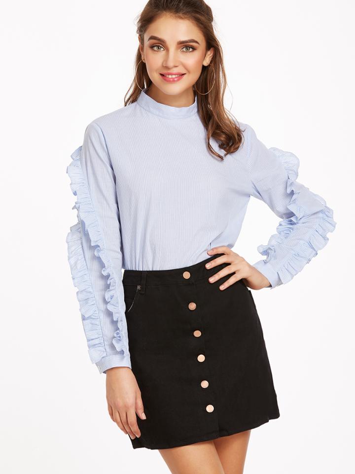 Shein Vertical Striped Mock Neck Ruffle Sleeve Blouse
