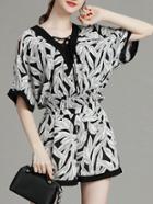 Shein Black Lace Up Batwing Sleeve Top With Print Shorts