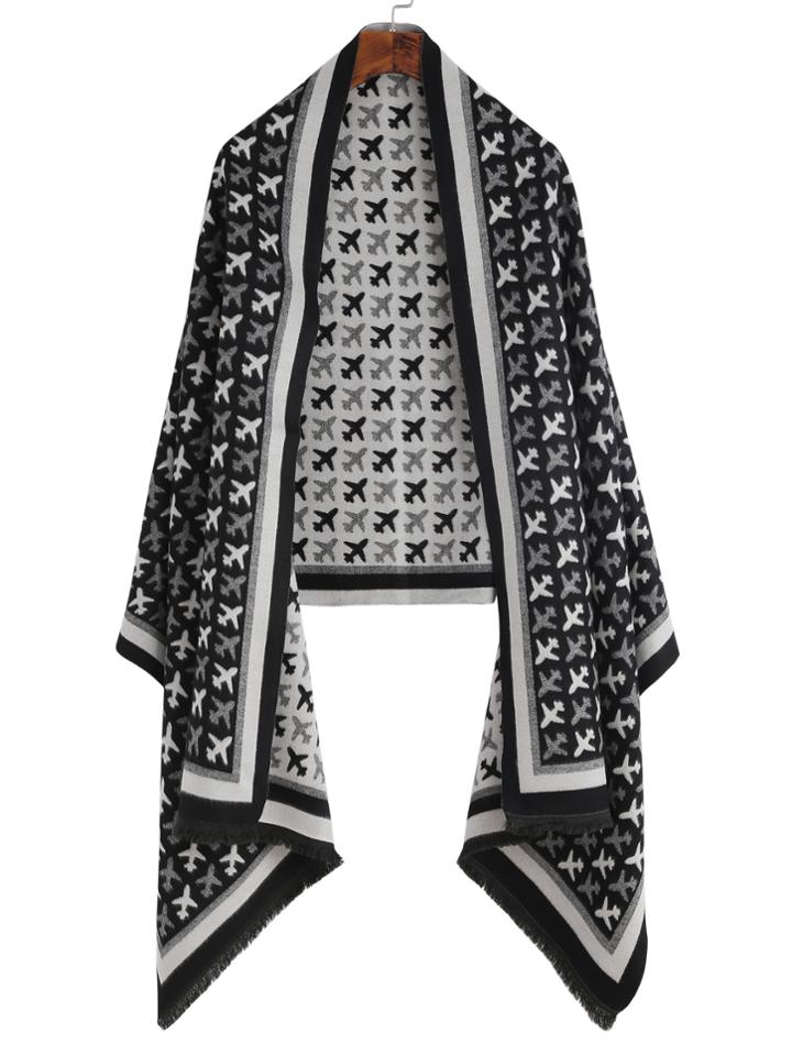 Shein Black Airplane Pattern Eyelash Fringe Shawl Scarf
