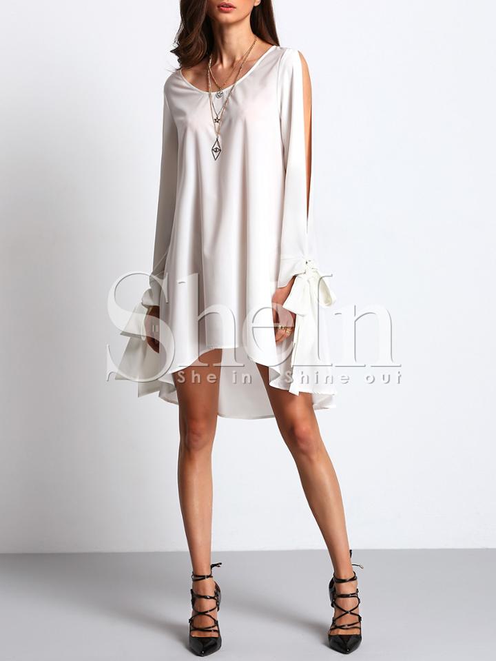 Shein White Bow Cut-out Sleeve Dip Hem Dress