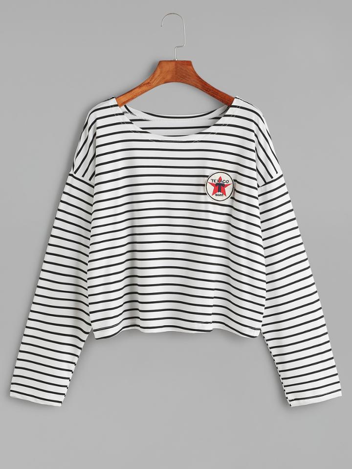 Shein Drop Shoulder Embroidered Patch Striped T-shirt