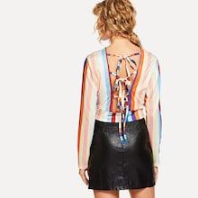 Shein Striped Knot Back Deep V Neck Blouse