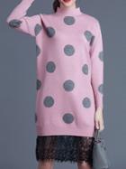 Shein Pink Polka Dot Knit Contrast Lace Dress