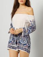 Shein Blue White Off The Shoulder Floral Jumpsuit