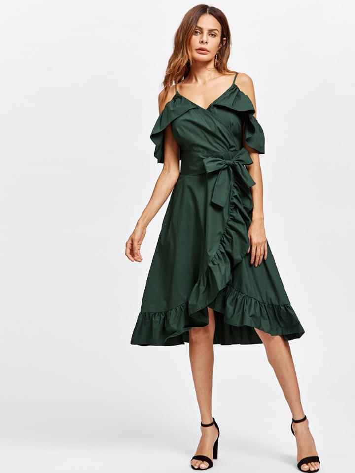 Shein Frill Trim Self Tie Overlap Dress