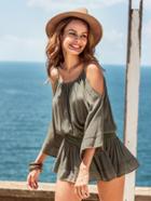 Shein Olive Green Cold Shoulder Crochet Waist Peplum Blouse