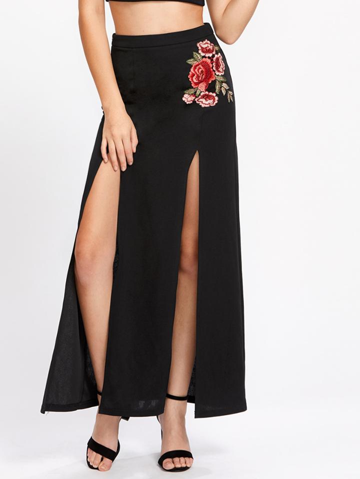 Shein Embroidered Flower Applique M-slit Skirt