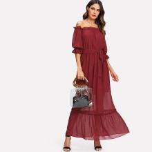 Shein Polka Dot Frill Trim Layered Hem Belted Bardot Dress