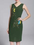 Shein Green V Neck Backless Print Sheath Dress