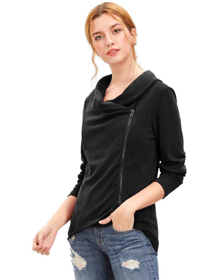 Shein Black Cowl Neck Asymmetric Zip Coat