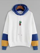 Shein Contrast Cactus Embroidery Drawstring Hooded Sweatshirt
