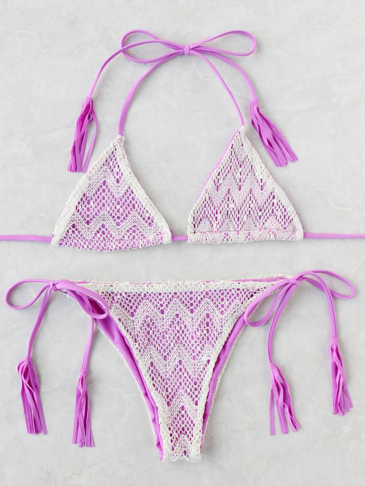 Shein Purple Lace Design Side Tie Triangle Bikini Set