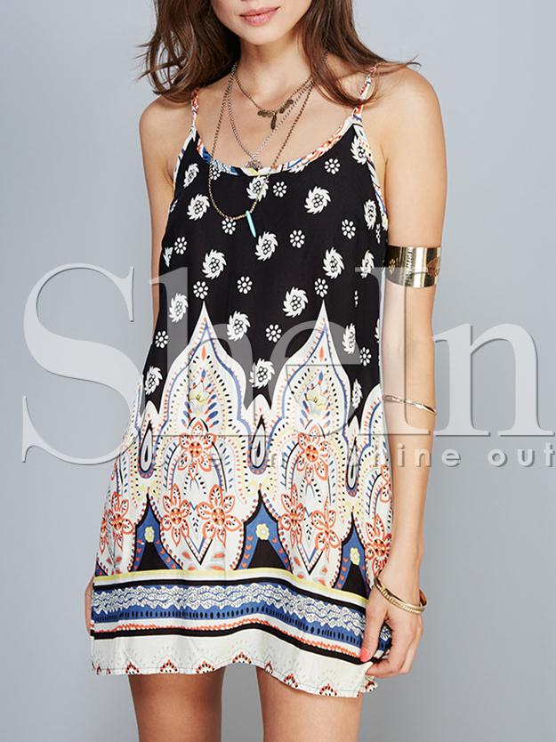 Shein Black Spaghetti Strap Backless Vintage Print Dress