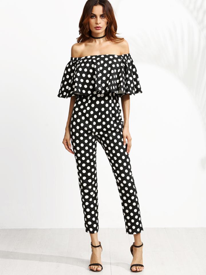 Shein Black And White Polka Dot Print Off The Shoulder Jumpsuit