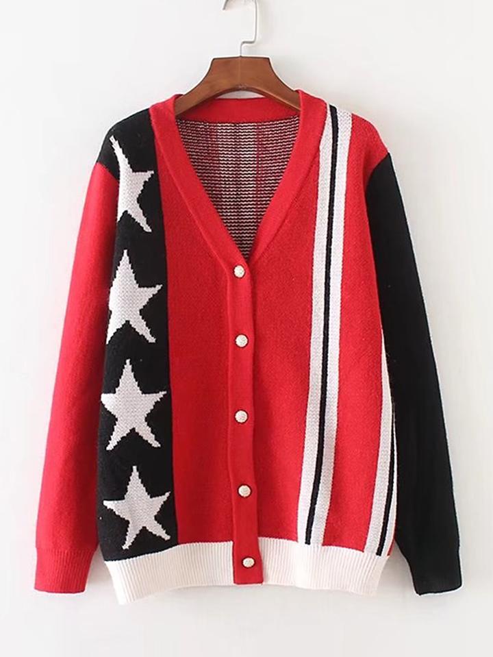 Shein Color Block Star Print Cardigan