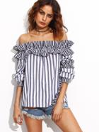 Shein Navy Vertical Striped Off The Shoulder Top With Frill Detail