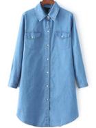 Shein Blue Lapel Long Sleeve Pockets Denim Shirt Dress