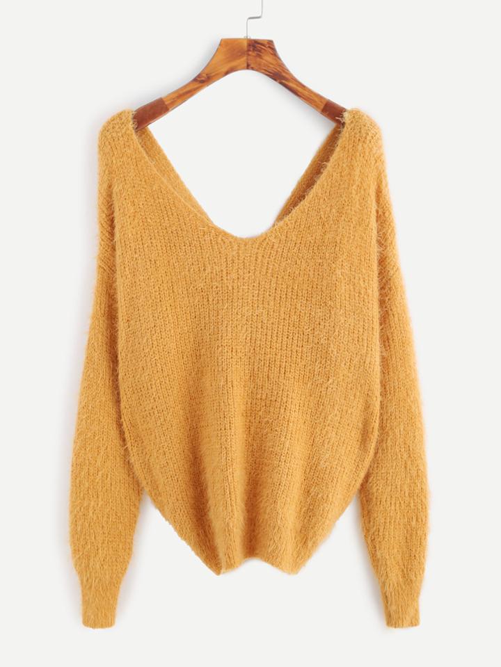 Shein Yellow Double V Neck Knotted Back Fuzzy Sweater