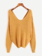 Shein Yellow Double V Neck Knotted Back Fuzzy Sweater