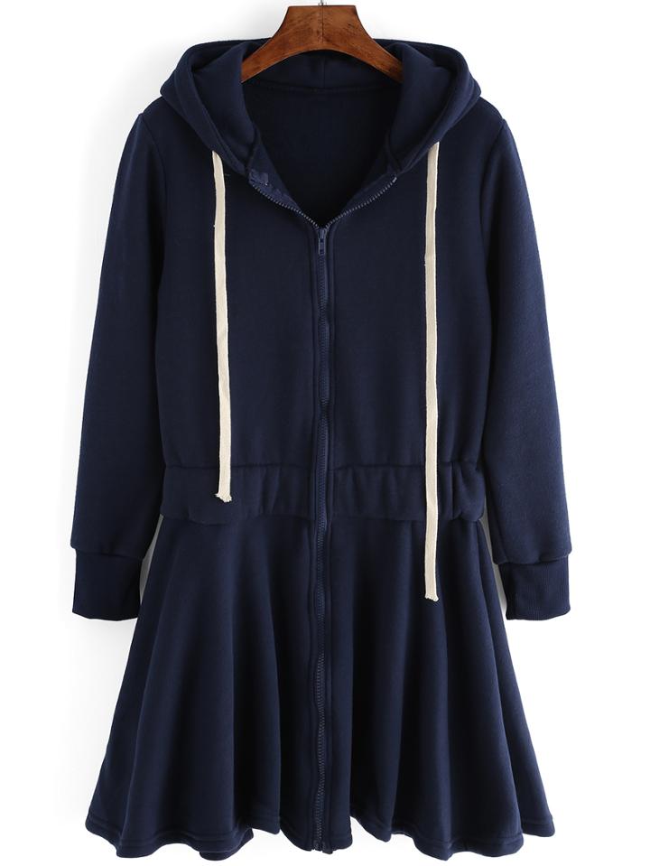 Shein Navy Drawstring Hooded Pleated Sweatshirt Dress