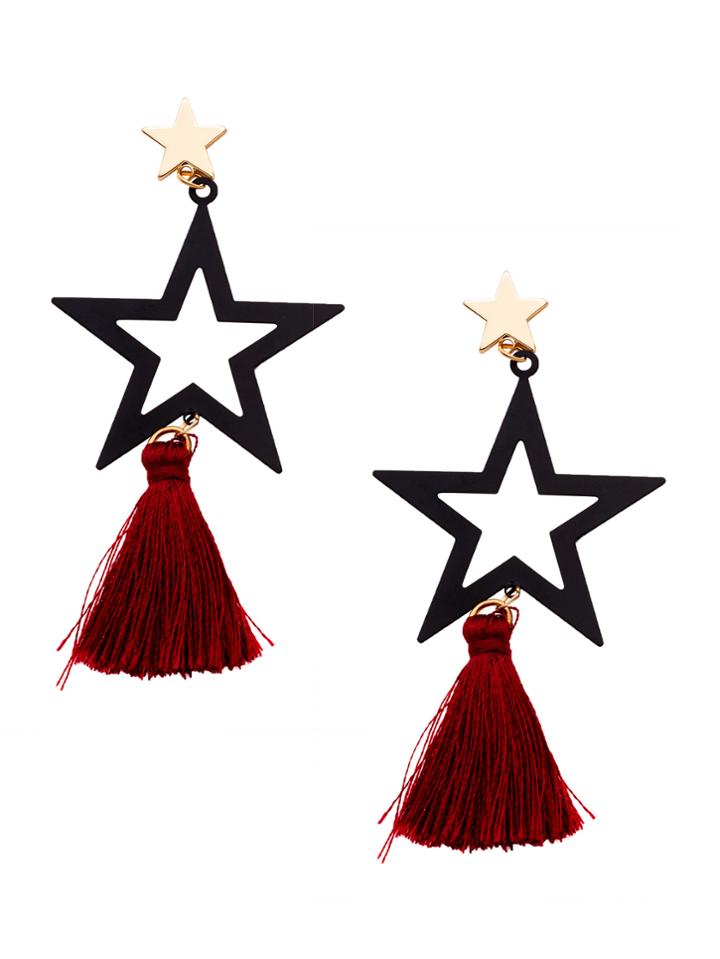 Shein Black Star Red Tassel Hollow Out Drop Earrings