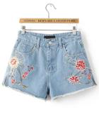 Shein Blue Flower Embroidered Frayed Denim Shorts