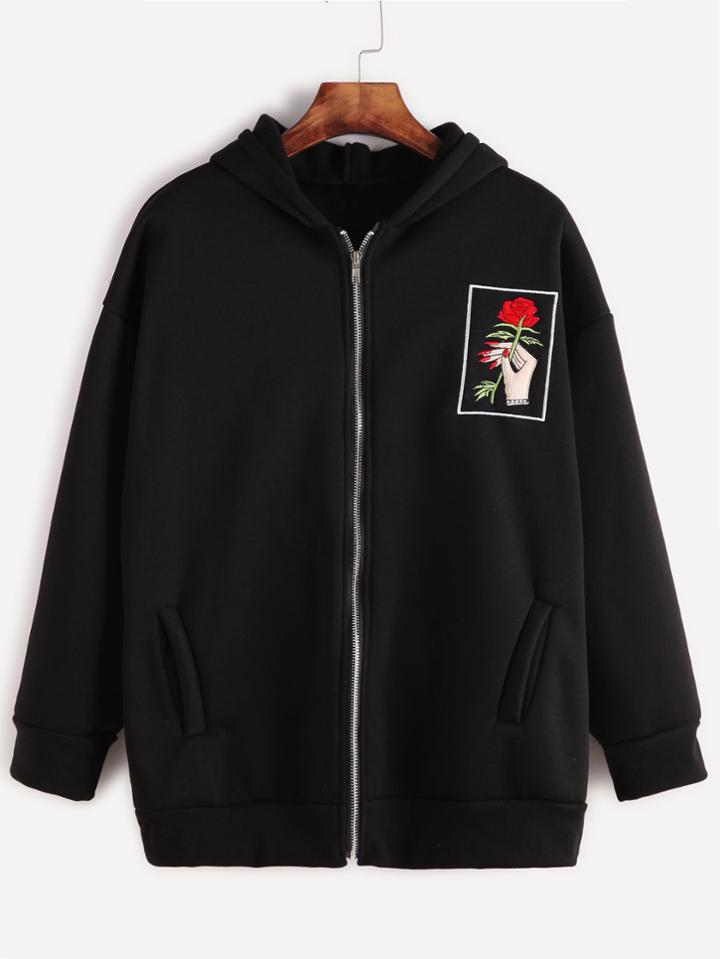 Shein Black Drop Shoulder Embroidered Zip Up Hooded Sweatshirt