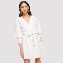 Shein Contrast Stitch Self Tie Waist Surplice Wrap Dress