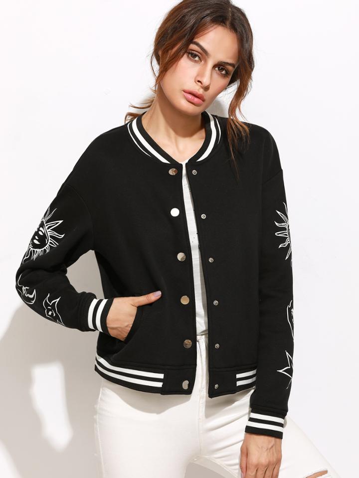 Shein Black Graphic Print Striped Trim Baseball Jacket