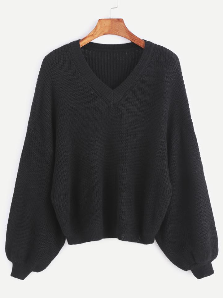 Shein Black V Neck Drop Shoulder Lantern Sleeve Sweater
