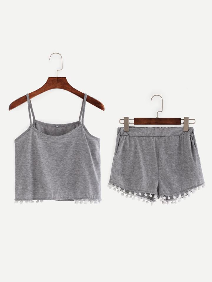 Shein Pompom Trim Crop Cami Top With Shorts