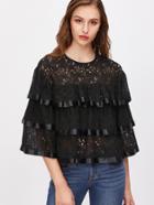 Shein Black Ribbon Trim Layered Floral Lace Top