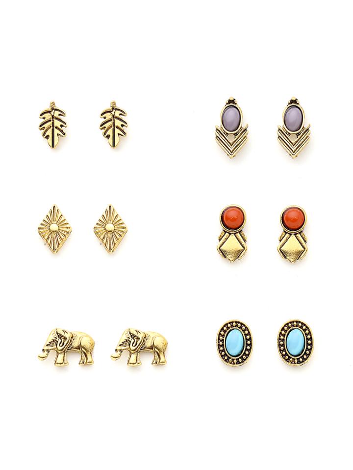 Shein Leaf And Elephant Design Earring Set With Gemstone