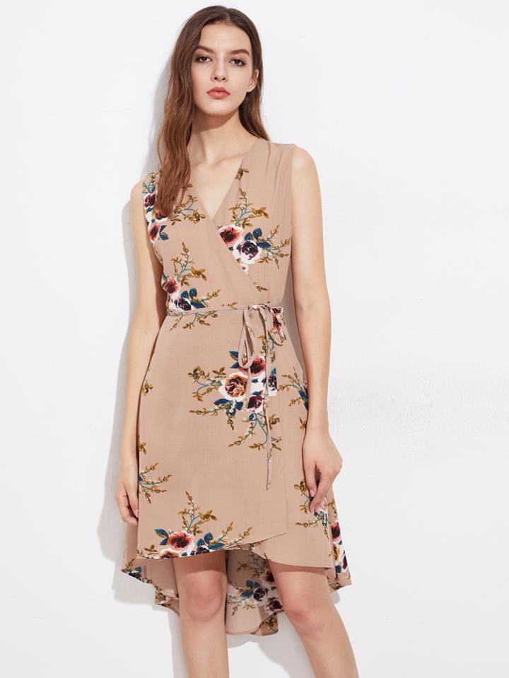 Shein Flower Print Dip Hem Overlap Dress