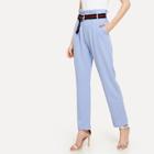 Shein Pleated Waist Cigarette Pants With Striped Belt
