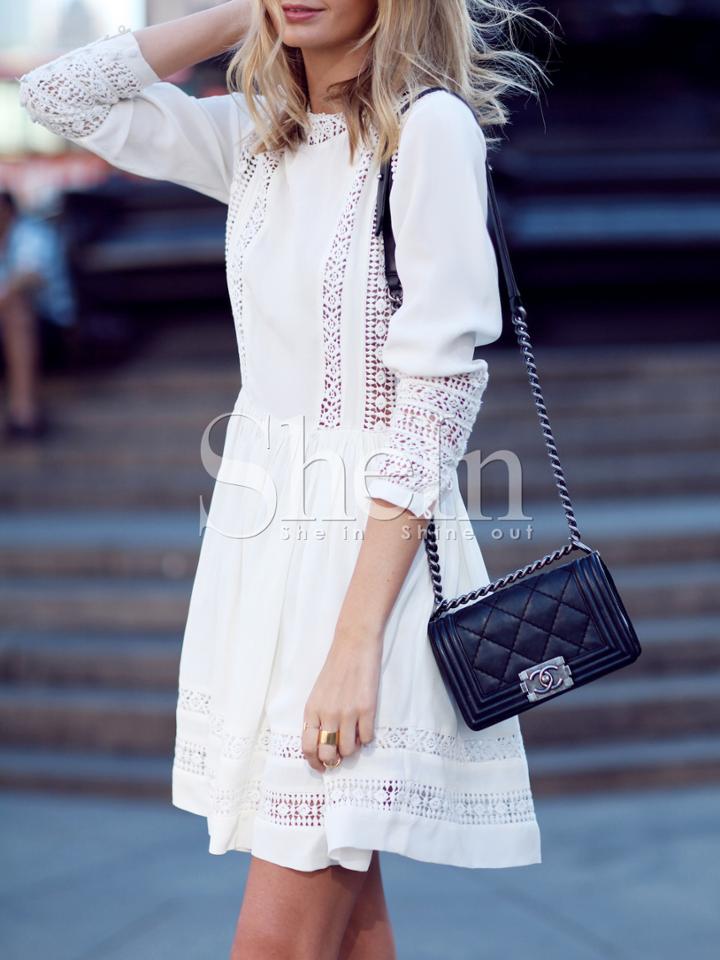 Shein White Long Sleeve With Lace Babydoll Dress