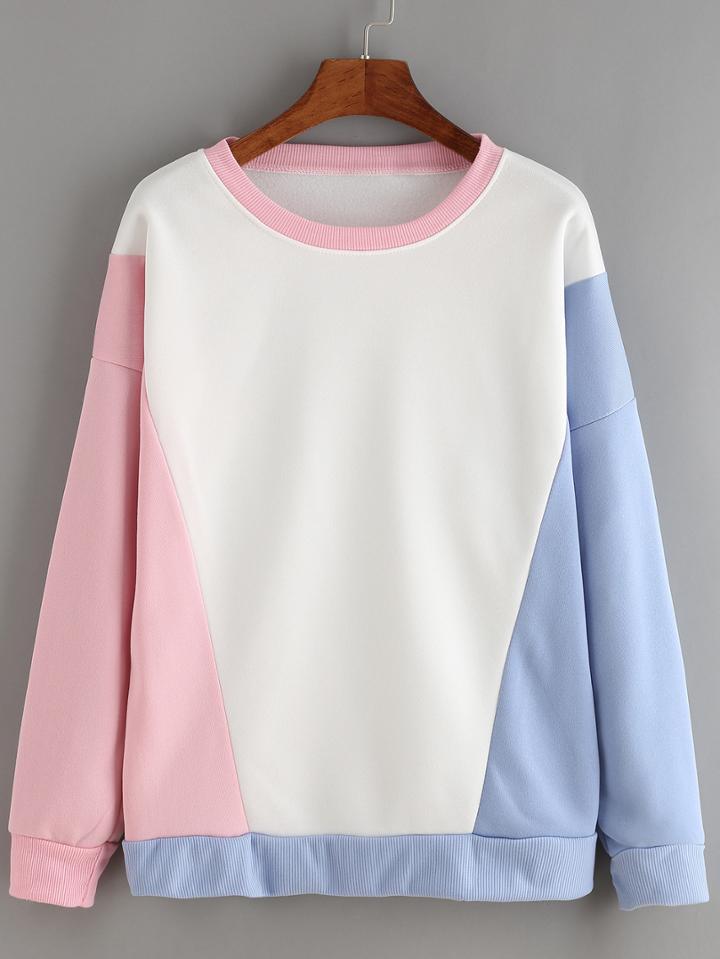 Shein Pink Long Sleeve Color Block Sweatshirt
